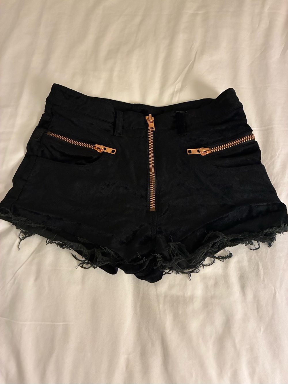 Black Distressed High-Rise Jean Shorts with Rose Gold Zippers